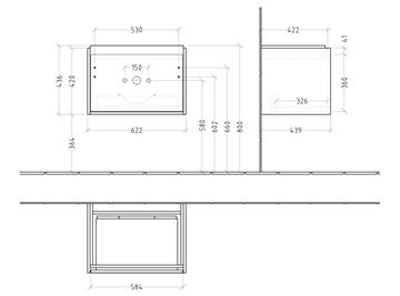 VILLEROY & BOCH SKYLA skříňka pod umyvadlo 62,2x43,9x59,6 cm, 1 zásuvka, nordic oak C78500VJ Technický nákres