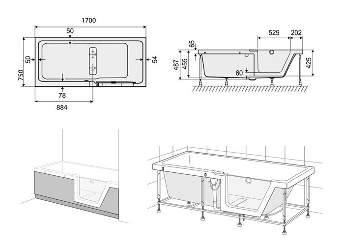DUSCHOLUX STEP-IN PURE vana 170x75 cm, s dvířky, s rámem, akrylát 608.300100.001 Technický nákres