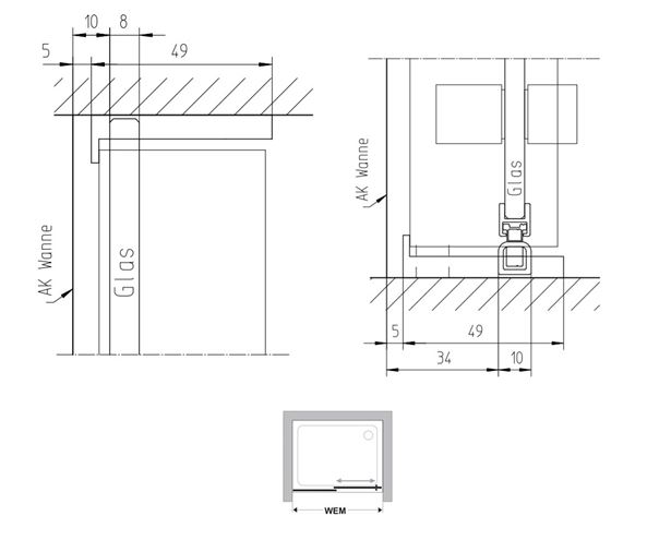 DUSCHOLUX BELLA VITA 3 PLUS sprchové dveře 140x250 cm, posuvné, pravé, stříbrná matná/čiré sklo 446.127210.751.070 Technický nákres
