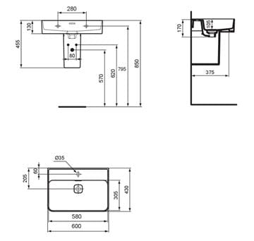 IDEAL STANDARD STRADA II umyvadlo na desku 60 cm, s otvorem pro baterii a přepadem T300001 Technický nákres