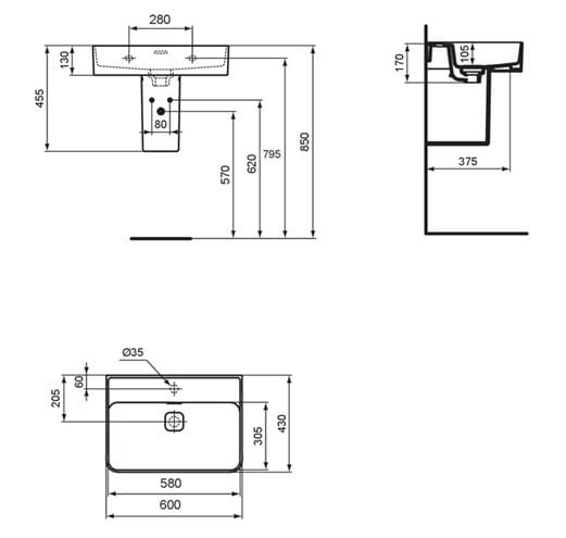 IDEAL STANDARD STRADA II umyvadlo na desku 60 cm, s otvorem pro baterii a přepadem T300001 Technický nákres