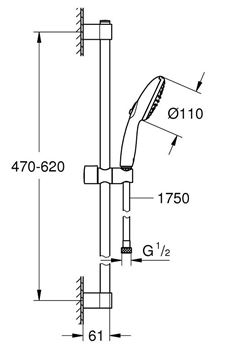 GROHE TEMPESTA 110 sprchová souprava 3-dílná, ruční sprcha pr. 110 mm, tyč, hadice, chrom 26915003 Technický nákres
