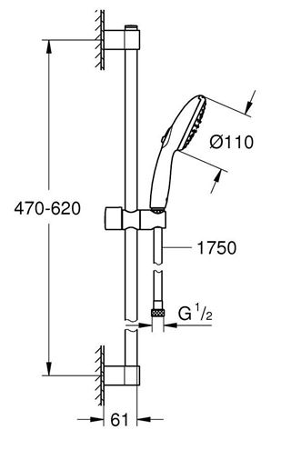 GROHE TEMPESTA 110 sprchová souprava 3-dílná, ruční sprcha pr. 110 mm, tyč, hadice, chrom 26915003 Technický nákres
