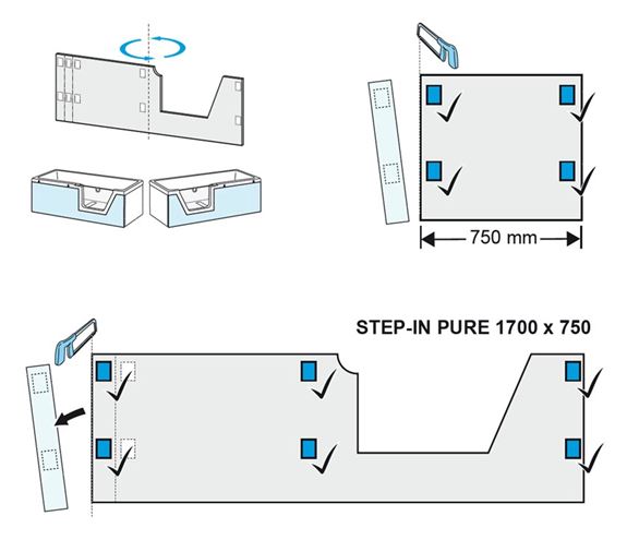 DUSCHOLUX STEP-IN PURE čelní a boční panel k vaně, k obložení 699.300101 Technický nákres