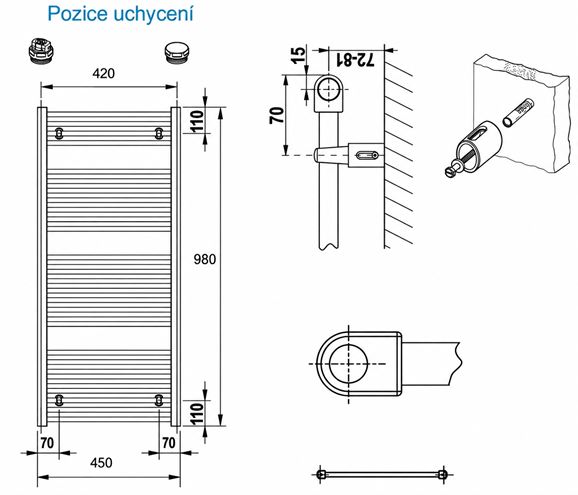 CONCEPT 100 KTK koupelnový radiátor 980/450, boční připojení, bílá RAL9016 KTK-098045-11-10 Technický nákres