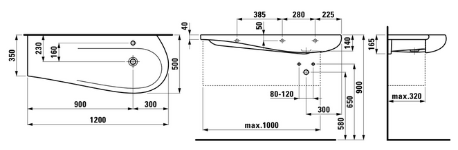 LAUFEN ILBAGNOALESSI ONE umyvadlo 120 cm, s otvorem pro baterii a přepadem, LCC H8149744001041 Technický nákres