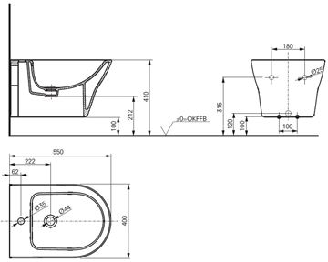 TOTO MH závěsný bidet, CeFiONtect BW10045G1 Technický nákres