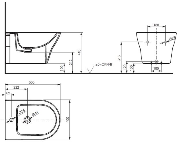 TOTO MH závěsný bidet, CeFiONtect BW10045G1 Technický nákres