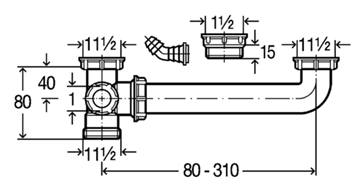 VIEGA 794 dřezový odtokový oblouk, dvojitý, s přípojkou a převlečnými maticemi 1 1/2 104917 Technický nákres