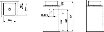 LAUFEN LIVING umyvadlo na desku 36 cm, bez přepadu H8114330001121 Technický nákres