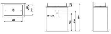 LAUFEN LIVING umyvadlo na desku 60 cm, bez přepadu H8114340001121 Technický nákres
