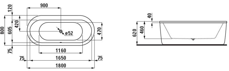 LAUFEN SOLUTIONS volně stojící vana 180x80 cm, s rámem a panelem, akrylát H2245120000001 Technický nákres