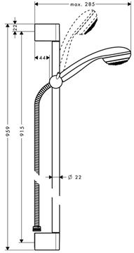 HANSGROHE CROMETTA 85 MONO 1JET sprchová souprava 3-dílná, ruční sprcha pr. 85 mm, tyč, hadice, chrom 27729000 Technický nákres