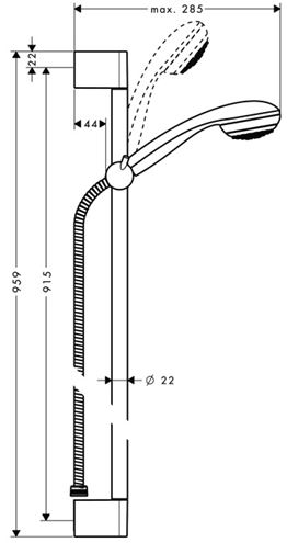HANSGROHE CROMETTA 85 MONO 1JET sprchová souprava 3-dílná, ruční sprcha pr. 85 mm, tyč, hadice, chrom 27729000 Technický nákres