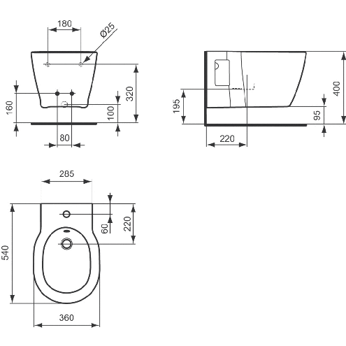 CONCEPT CUBE závěsný bidet, alpská bílá E799601 Technický nákres