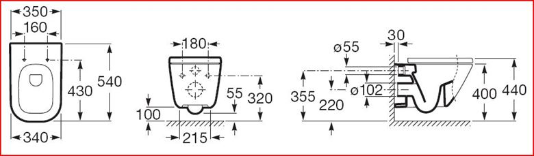 ROCA THE GAP SQUARE závěsné WC A346477000 Technický nákres