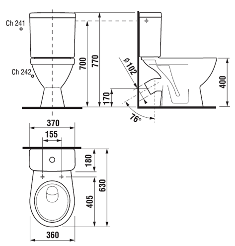 JIKA LYRA PLUS WC kombi, Dual-Flush, šikmý odpad, boční napouštění H8263840002413 Technický nákres
