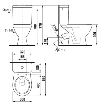 JIKA LYRA PLUS WC kombi, Dual-Flush, šikmý odpad, boční napouštění H8263840002413 Technický nákres