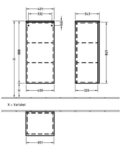 VILLEROY & BOCH VERITY LINE nízká skříňka 40,1x34,3x88,8 cm, 1 dvířka, panty vpravo, Push-open, Oak Nebraska B51601PJ Technický nákres