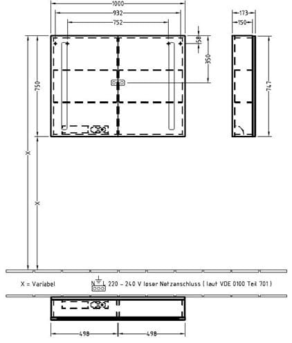VILLEROY & BOCH VERITY LINE zrcadlová skříňka 100x75x17,3 cm, osvětlení, se zvětšovacím zrcátkem, vypínačem a el. zásuvkou, hliník, stříbrná B307F100 Technický nákres