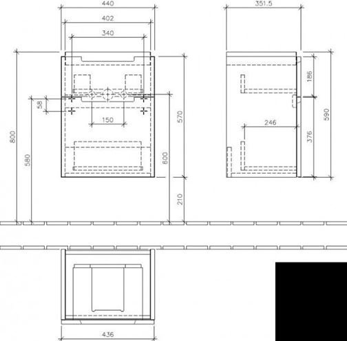 VILLEROY & BOCH SUBWAY 2.0 skříňka pod umývátko 44x35,2x59 cm, 2 zásuvky, Glossy White A90610DH Technický nákres