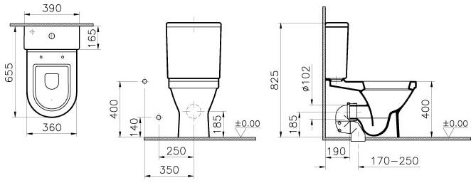 VITRA S50 WC kombi mísa, zadní odpad 5332L003-0585 Technický nákres