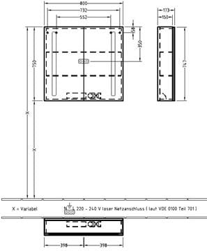 VILLEROY & BOCH VERITY LINE zrcadlová skříňka 80x75x17,3 cm, osvětlení, se zvětšovacím zrcátkem, vypínačem a el. zásuvkou, hliník, stříbrná B307F800 Technický nákres