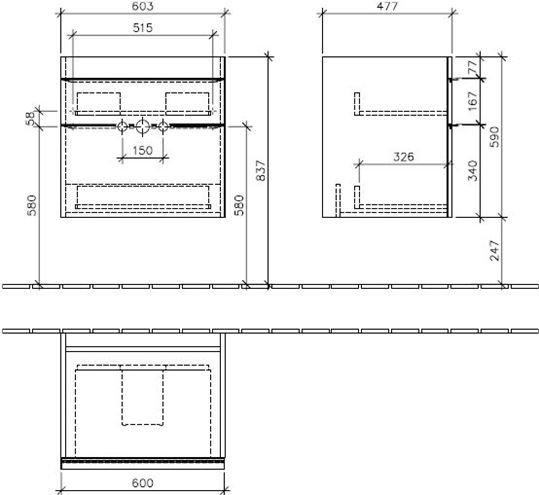 VILLEROY & BOCH VENTICELLO skříňka pod umyvadlo 60,3x50,2x59 cm, 2 zásuvky, Glossy White A92401DH Technický nákres