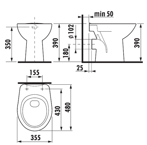 JIKA ZETA stacionární WC, zadní odpad H8223960000001 Technický nákres