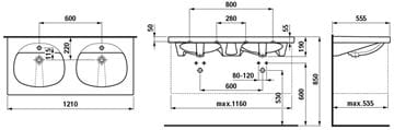 LAUFEN TALUX dvojumyvadlo 121 cm, se 2 otvory pro baterie a přepadem H8146770001041 Technický nákres