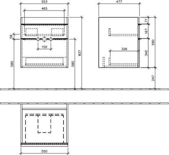 VILLEROY & BOCH VENTICELLO skříňka pod umyvadlo 55,3x50,2x59 cm, 2 zásuvky, Glossy White A92301DH Technický nákres
