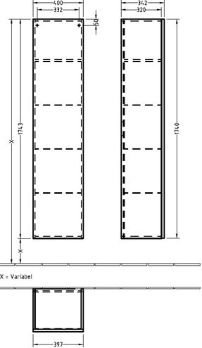 VILLEROY & BOCH VERITY LINE vysoká skříňka 40x34,2x174,3 cm, 1 dvířka, panty vlevo, Push-open, Oak Nebraska B65200PJ Technický nákres