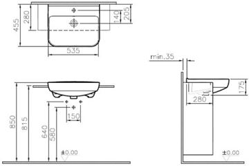 VITRA SENTO umyvadlo 53,5 cm, s otvorem pro baterii a přepadem, VitrAhygiene 5637B003-0001 Technický nákres