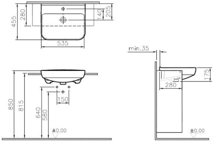 VITRA SENTO umyvadlo 53,5 cm, s otvorem pro baterii a přepadem, VitrAhygiene 5637B003-0001 Technický nákres