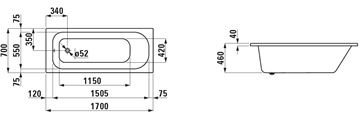 LAUFEN SOLUTIONS vana 170x70 cm, bez nožiček, akrylát H2225000000001 Technický nákres