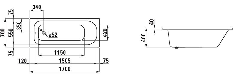 LAUFEN SOLUTIONS vana 170x70 cm, bez nožiček, akrylát H2225000000001 Technický nákres