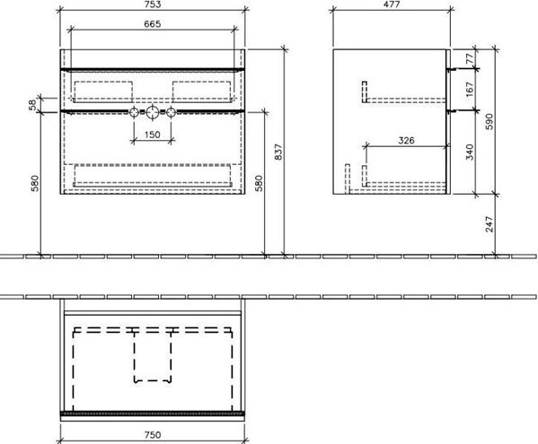VILLEROY & BOCH VENTICELLO skříňka pod umyvadlo 75,3x50,2x59 cm, 2 zásuvky, Glossy Grey A92501FP Technický nákres