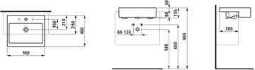 LAUFEN LIVING umyvadlo 55 cm, s otvorem pro baterii a přepadem H8134320001041 Technický nákres