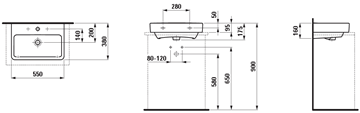 LAUFEN PRO S umyvadlo 55 cm, bez přepadu H8179580001421 Technický nákres