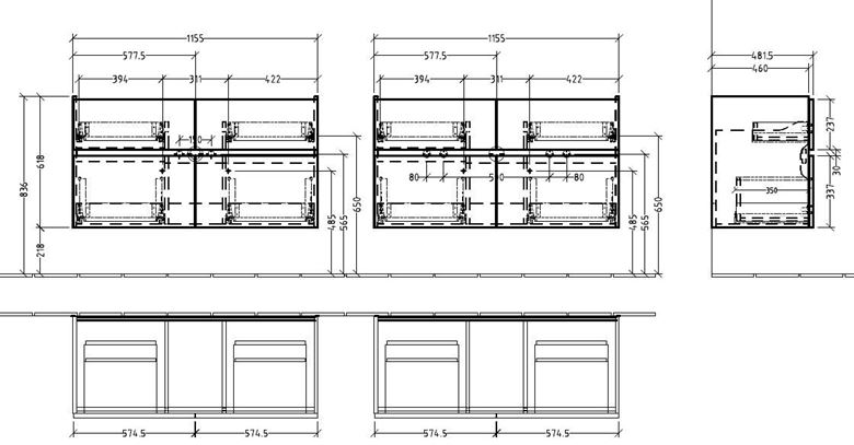 VILLEROY & BOCH VERITY LINE skříňka pod umyvadlo 115,5x48,2x61,8 cm, 4 zásuvky, Oak Nebraska B65900PJ Technický nákres