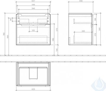 VILLEROY & BOCH SUBWAY 2.0 skříňka pod umyvadlo 63,7x45,4x59 cm, 2 zásuvky, Glossy White A91010DH Technický nákres