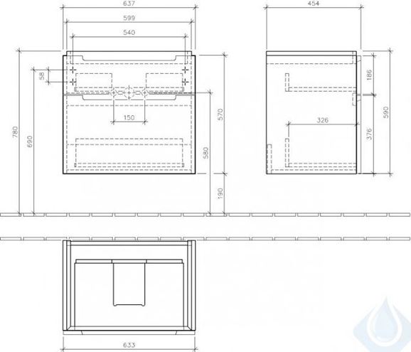 VILLEROY & BOCH SUBWAY 2.0 skříňka pod umyvadlo 63,7x45,4x59 cm, 2 zásuvky, Glossy White A91010DH Technický nákres