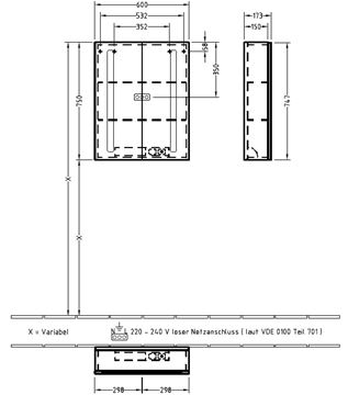VILLEROY & BOCH VERITY LINE zrcadlová skříňka 60x75x17,3 cm, osvětlení, se zvětšovacím zrcátkem, vypínačem a el. zásuvkou, hliník, stříbrná B307F600 Technický nákres