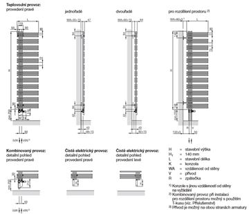 ZEHNDER YUCCA ASYM designový radiátor 1444/578, jednořadý, elektrický, levý, chrom YAECL-130-60/GD Technický nákres