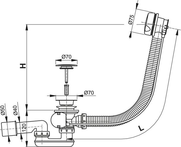 CONCEPT vanový sifon 57 cm, bovden, chrom PT10051CRM Technický nákres