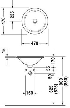 DURAVIT ARCHITEC umyvadlo 47 cm, s přepadem 0468470000 Technický nákres