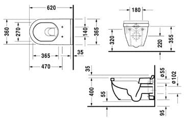 DURAVIT STARCK 3 závěsné WC 2226090000 Technický nákres