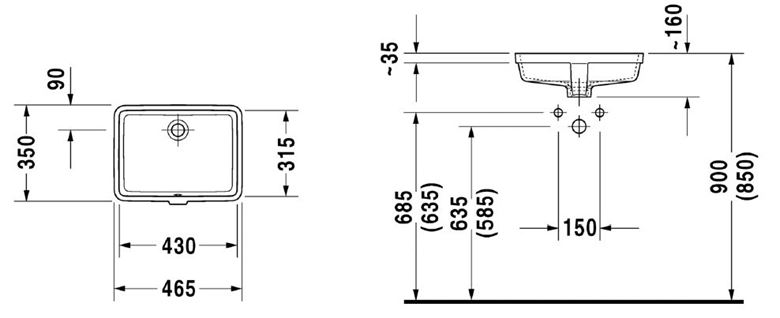 DURAVIT VERO umyvadlo 43 cm, s přepadem 0330430000 Technický nákres