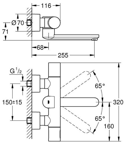 GROHE EUROSMART COSMOPOLITAN E umyvadlová termostatická senzorová baterie, napájení z baterie, chrom 36333000 Technický nákres