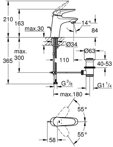 GROHE EUROSTYLE umyvadlová stojánková baterie, s odtokovou soupravou, chrom 23707003 Technický nákres